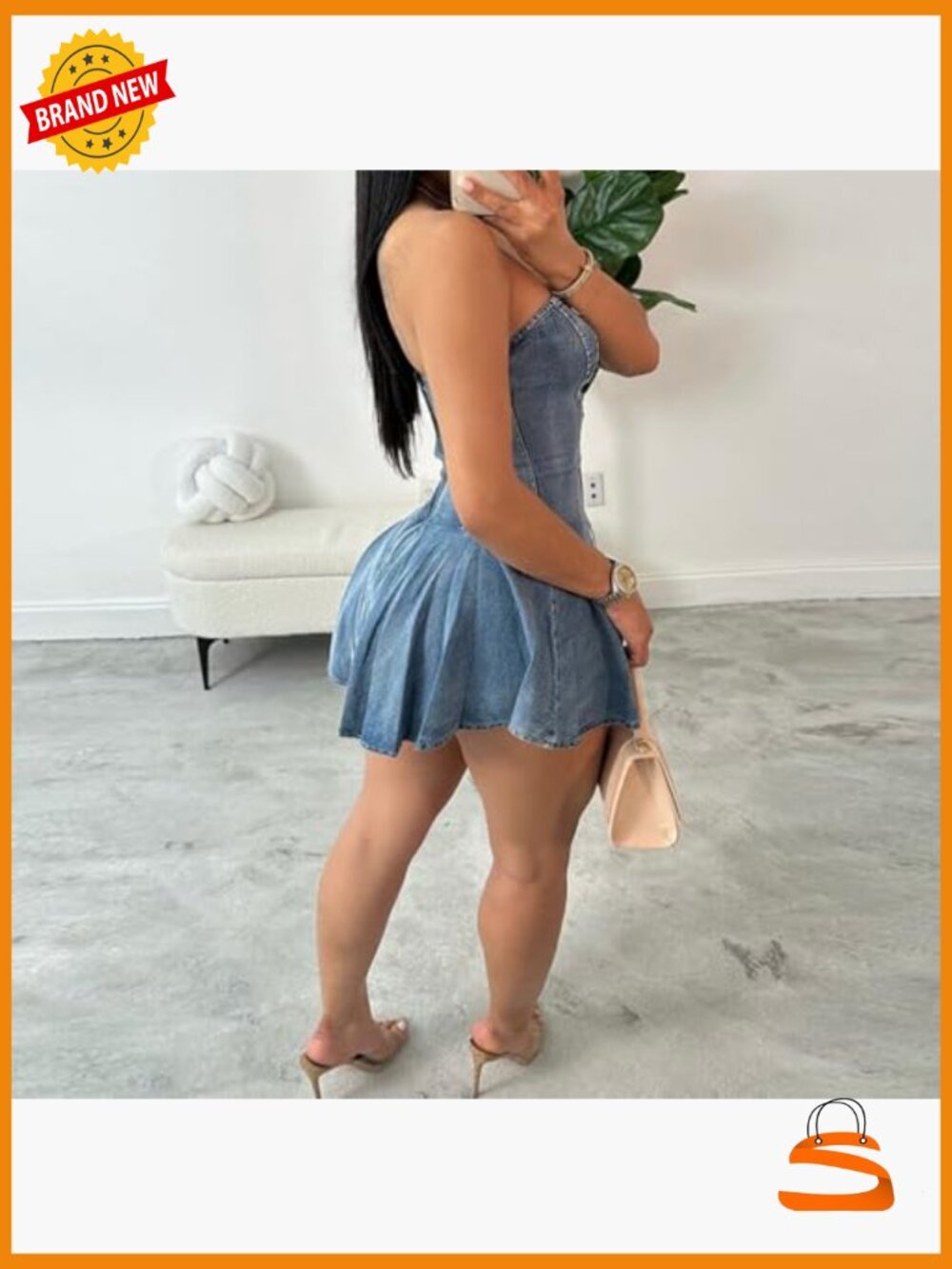 Strapless Denim Tube Mini Dress Ruffled Hem Bodycon Back Zipper - Picture 3 of 5